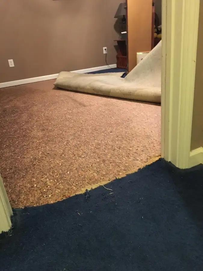 Carpet pad removal revealing water damage during Drying & Dehumidification in Lake Wisconsin
