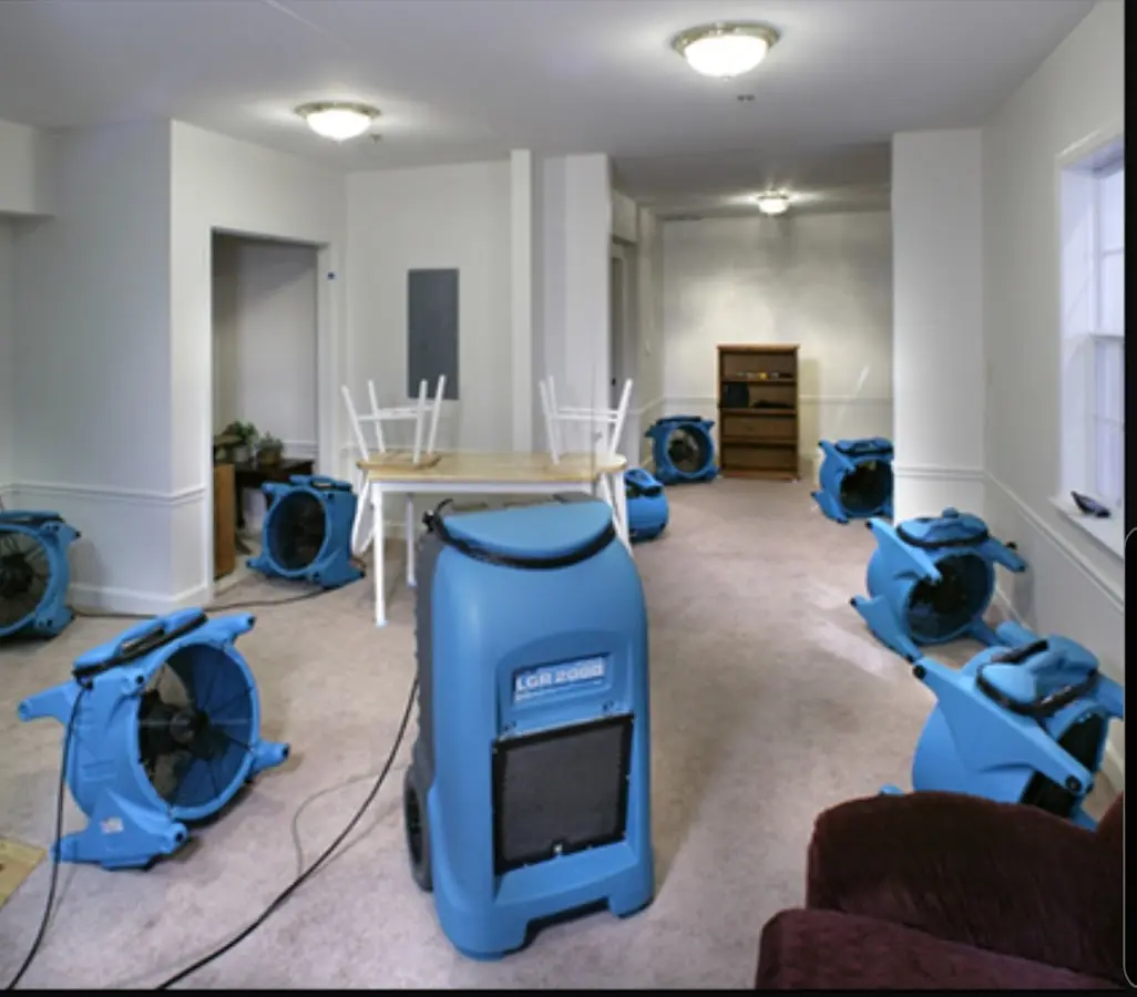 Air movers and dehumidifier setup for Water Damage Restoration in Lake Wisconsin